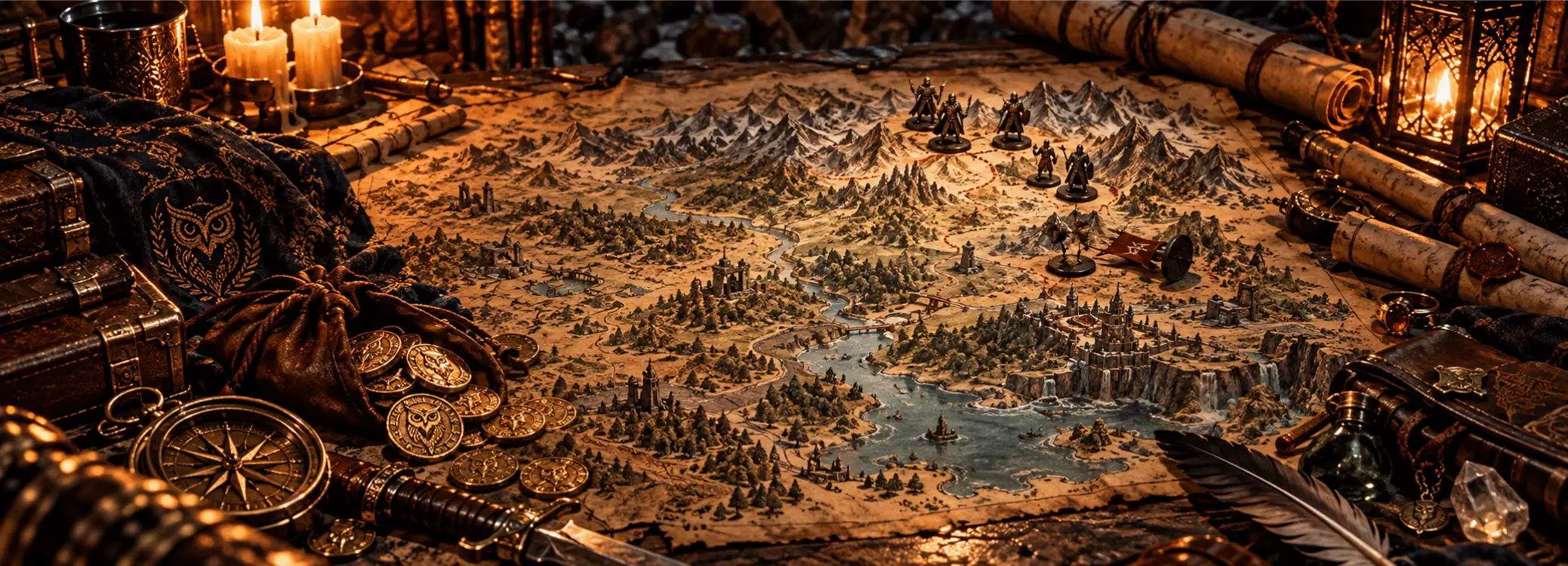 Mundo persistente de campaña: mapa físico con relieve, miniaturas de expedición, monedas de oro, brújula y objetos de campaña